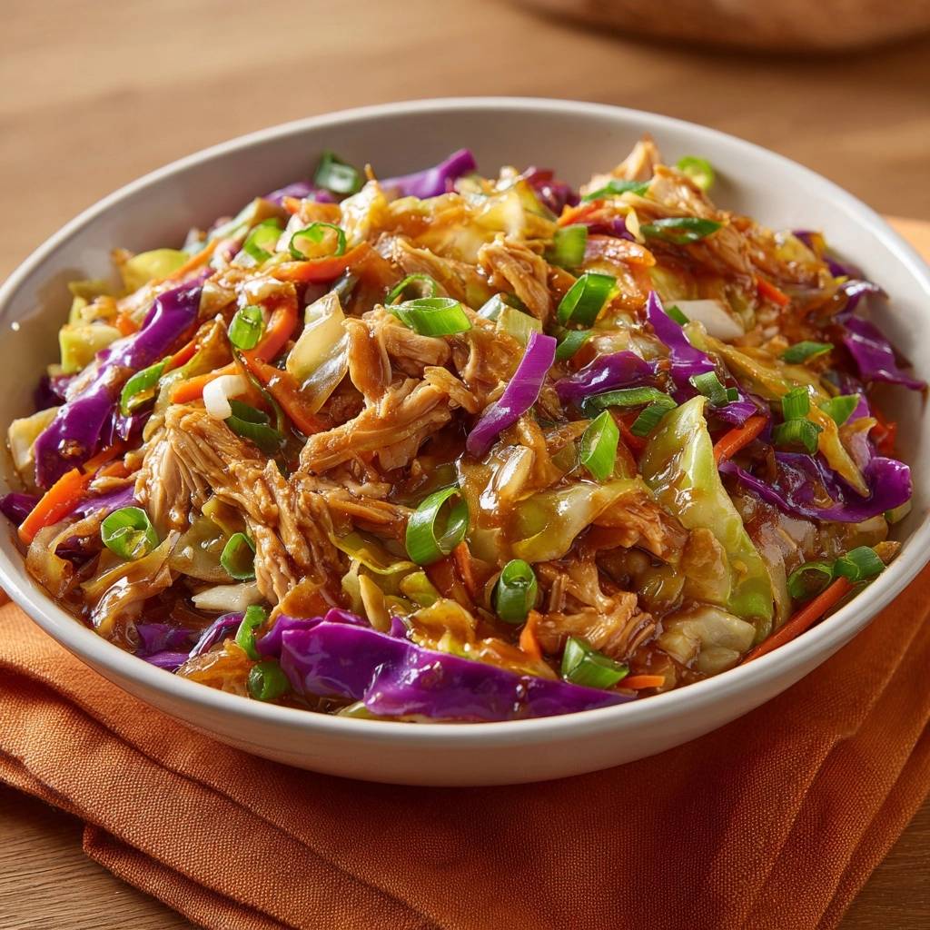Sticky Teriyaki Huhn Mit Krautsalat Draufsicht 1 Sticky Teriyaki-Hähnchen mit knackigem Krautsalat, serviert in einer Schüssel, bietet eine appetitliche Draufsicht auf das Gericht.