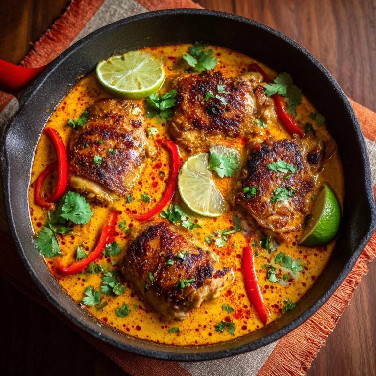 Thai-Gelbes Hähnchen-Curry in einer gusseisernen Pfanne serviert, garniert mit Limetten, Chili und frischem Koriander, von oben betrachtet.