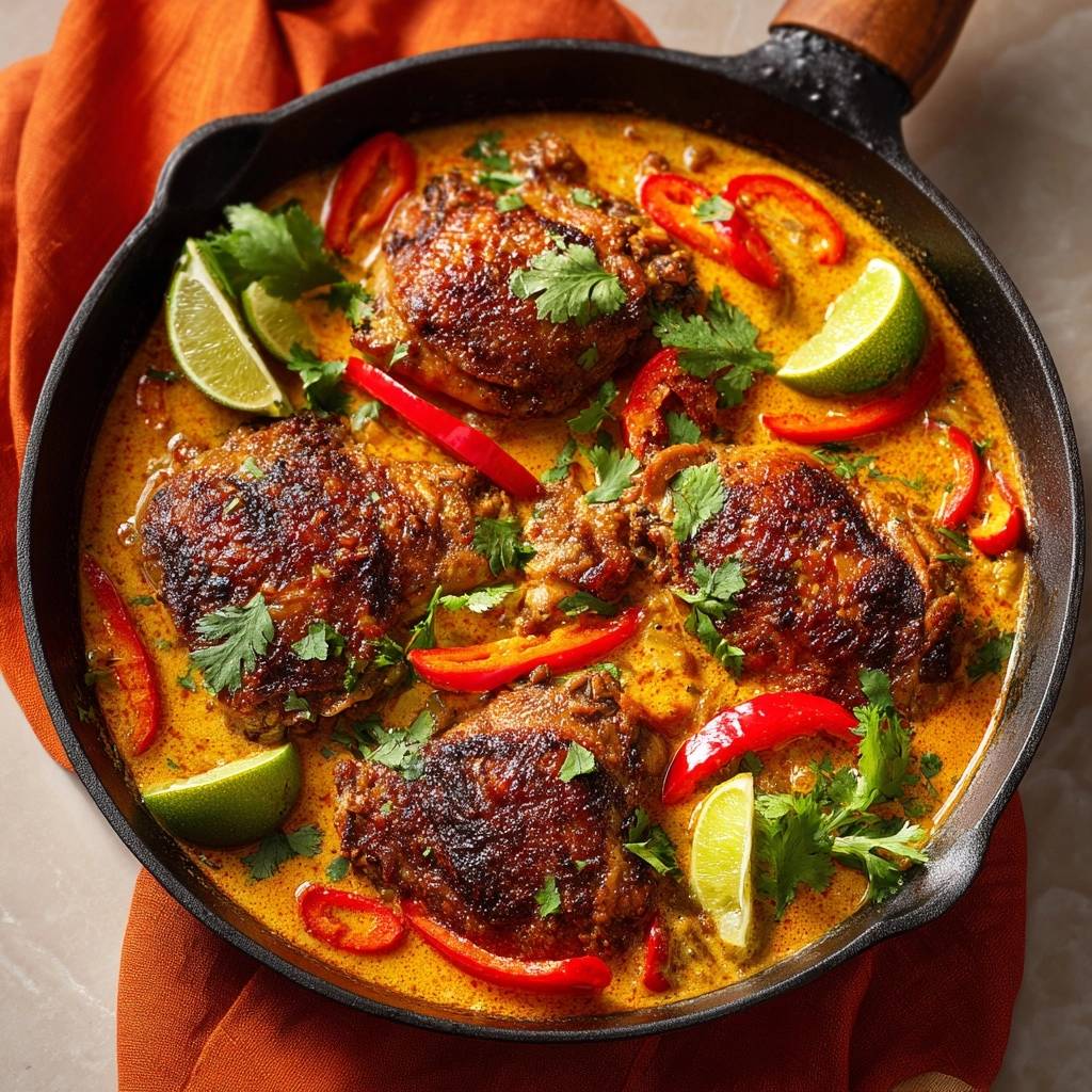 Thai Gelbes Huhn Curry Draufsicht 1 Thai-Gelbes Hähnchen-Curry in einer gusseisernen Pfanne, garniert mit Limetten, Koriander und roten Chilis, von oben betrachtet.