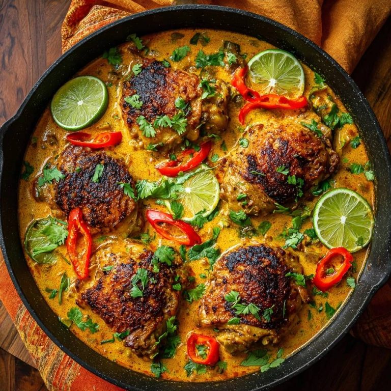 Thailändisches gelbes Hähnchen-Curry in einer gusseisernen Pfanne, garniert mit Limettenscheiben und frischer Koriander. Ein aromatisches Gericht mit knuspriger Haut.