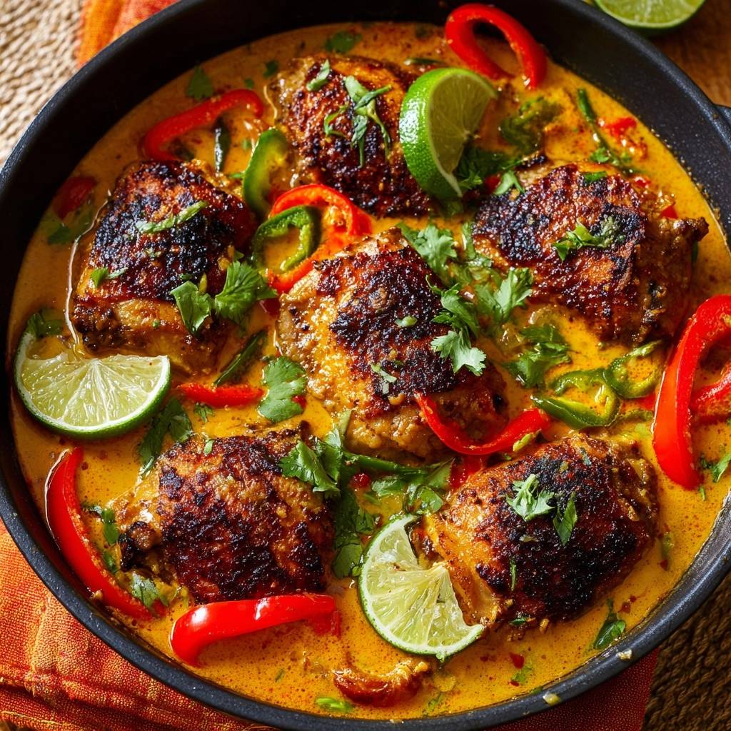 Thailndisches Gelbes Hhnchen Curry Draufsicht 1 Thailändisches Gelbes Hähnchen-Curry mit knuspriger Haut, serviert in einer Pfanne, garniert mit Limetten und Paprika. Das Gericht präsentiert sich in einer appetitlichen Draufsicht.