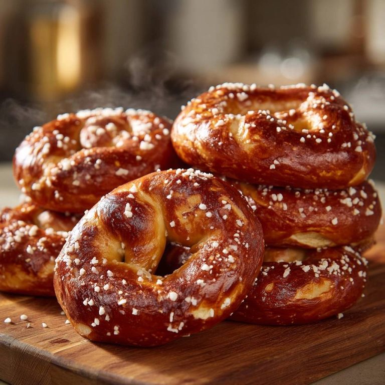 Traditionelle Laugenkringel sind frisch gebacken und dampfen noch. Diese Laugengebäck-Spezialität wurde mit grobem Salz bestreut und auf einem Holzbrett serviert.