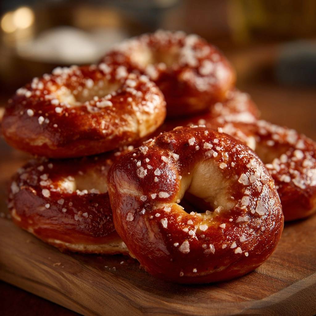 Traditionelle Laugenkringel Nahaufnahme 1 Traditionelle Laugenkringel in Nahaufnahme, perfekt gebacken und mit grobem Salz bestreut, liegen auf einem Holzbrett. Die knusprige Kruste glänzt verführerisch.