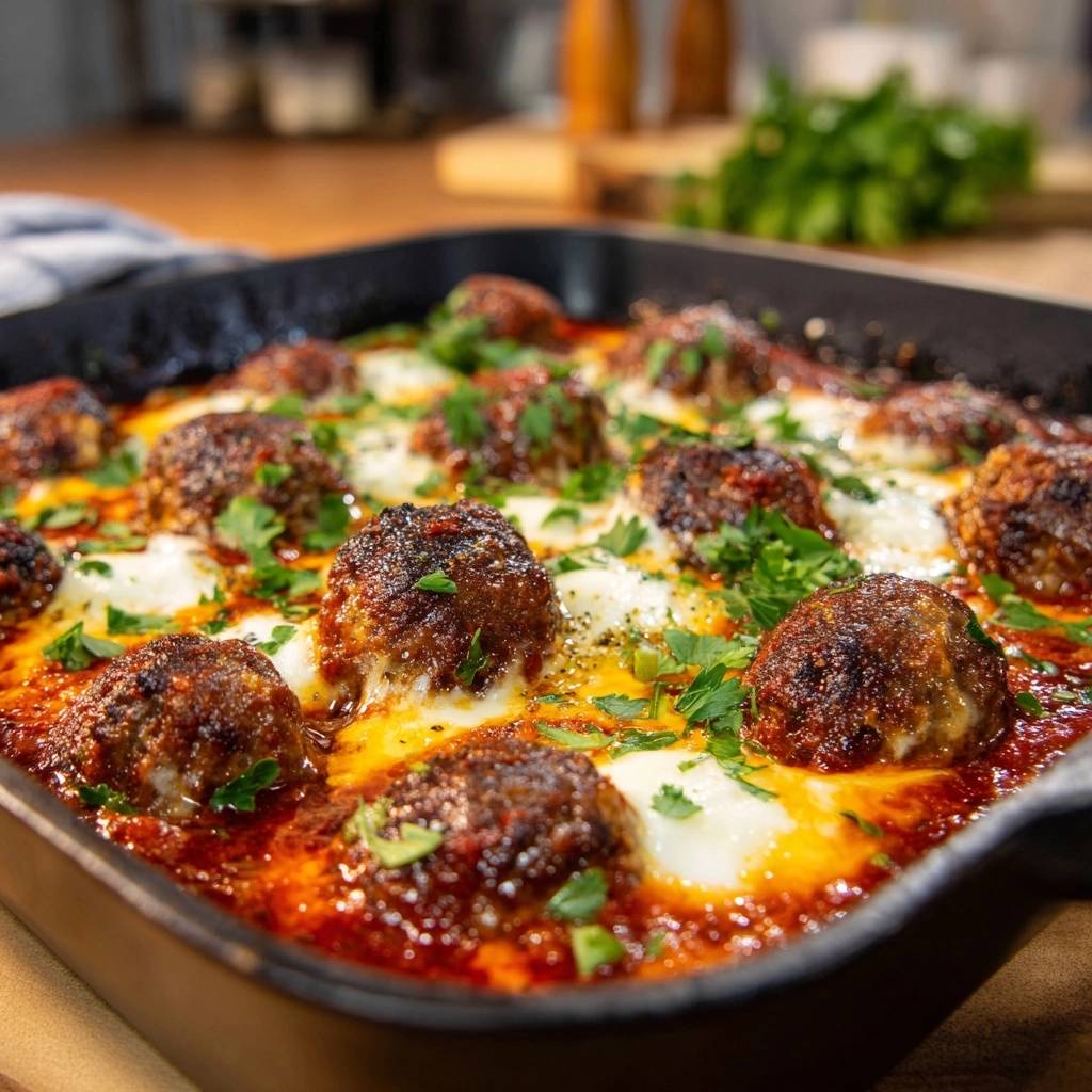 Ueberbackene Hackbaellchen Tomatenso Nahaufnahme 1 Überbackene Hackbällchen in Tomatensoße in einer Nahaufnahme, garniert mit frischer Petersilie, und geschmolzenem Käse.