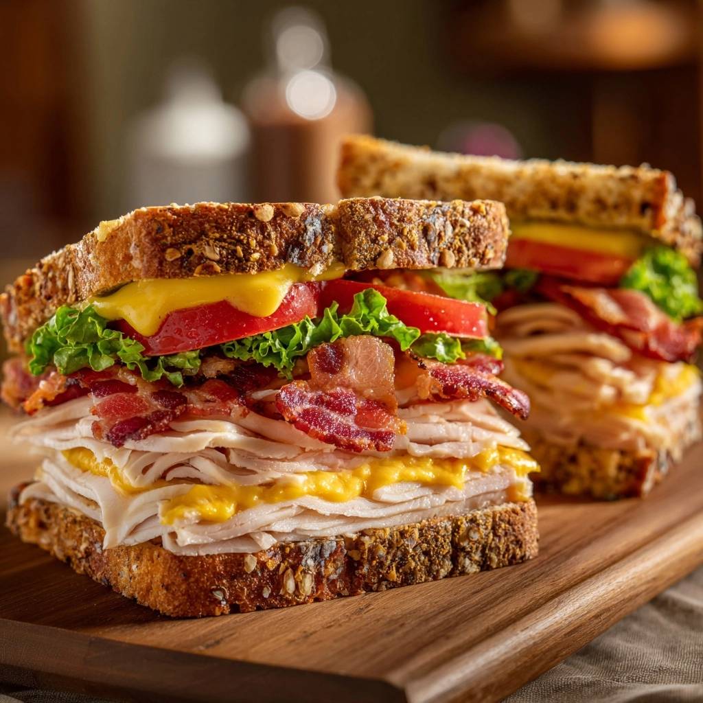 Ultimatives Puten Club Sandwich Querschnitt 1 Ultimatives Puten-Club-Sandwich im Nahaufnahme-Querschnitt, der die saftigen Zutaten und die knusprige Textur des Sandwiches zeigt.