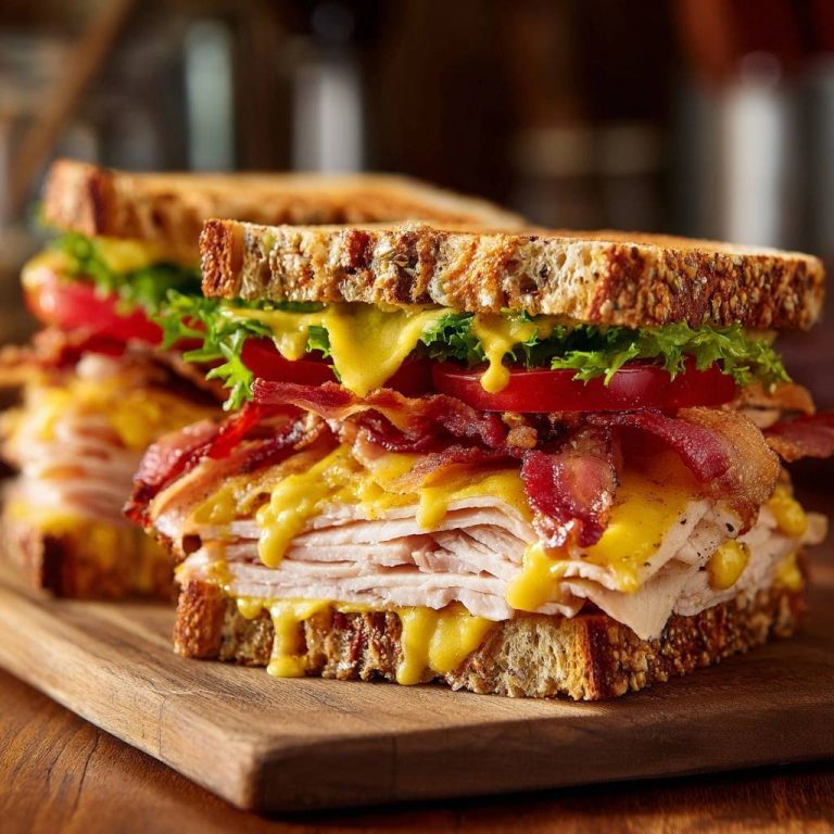 Ultimatives Puten-Club-Sandwich im Querschnitt, mit geschmolzenem Käse, knusprigem Speck und frischem Salat, serviert auf einem Holzbrett.