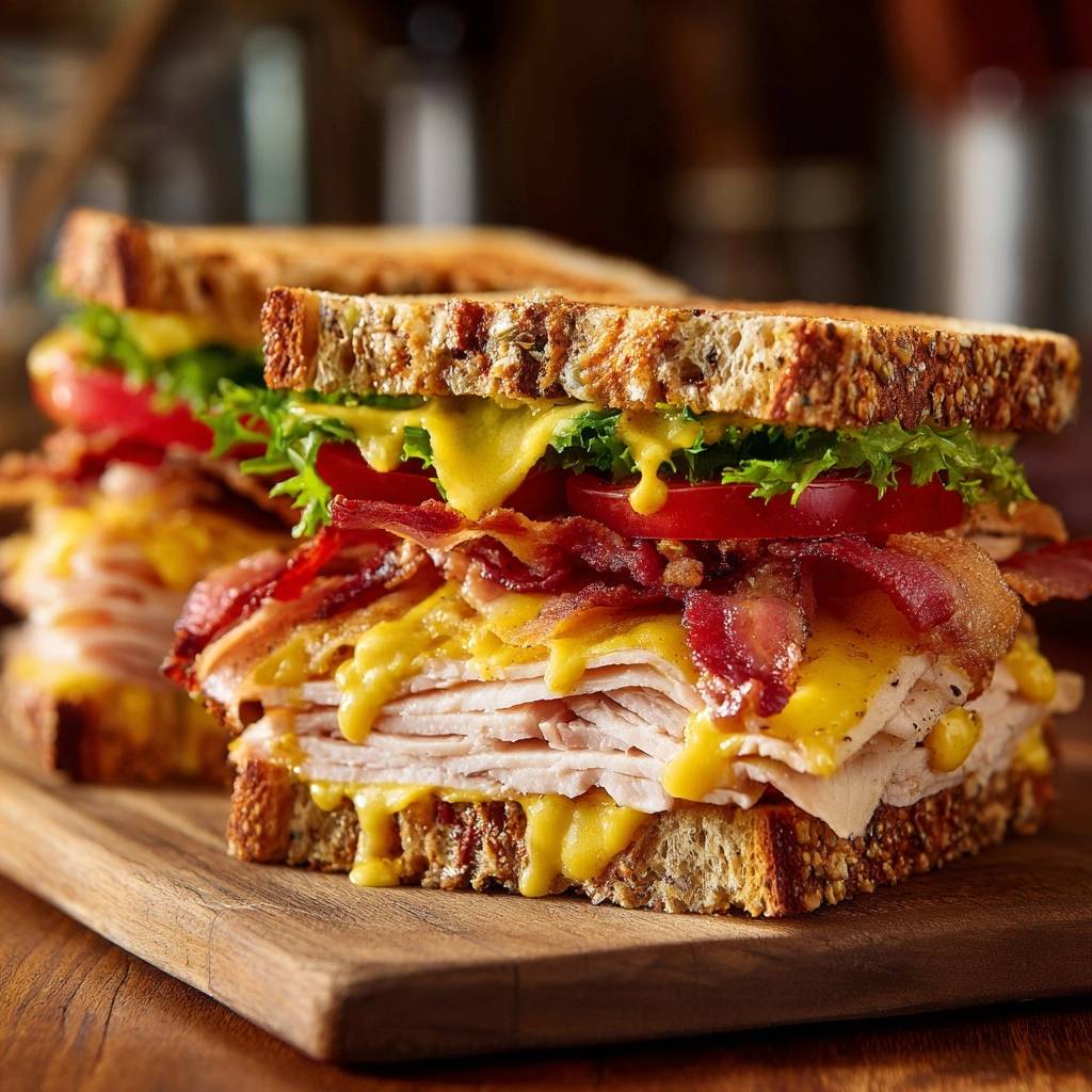 Ultimatives Puten-Club-Sandwich im Querschnitt, mit geschmolzenem Käse, knusprigem Speck und frischem Salat, serviert auf einem Holzbrett.