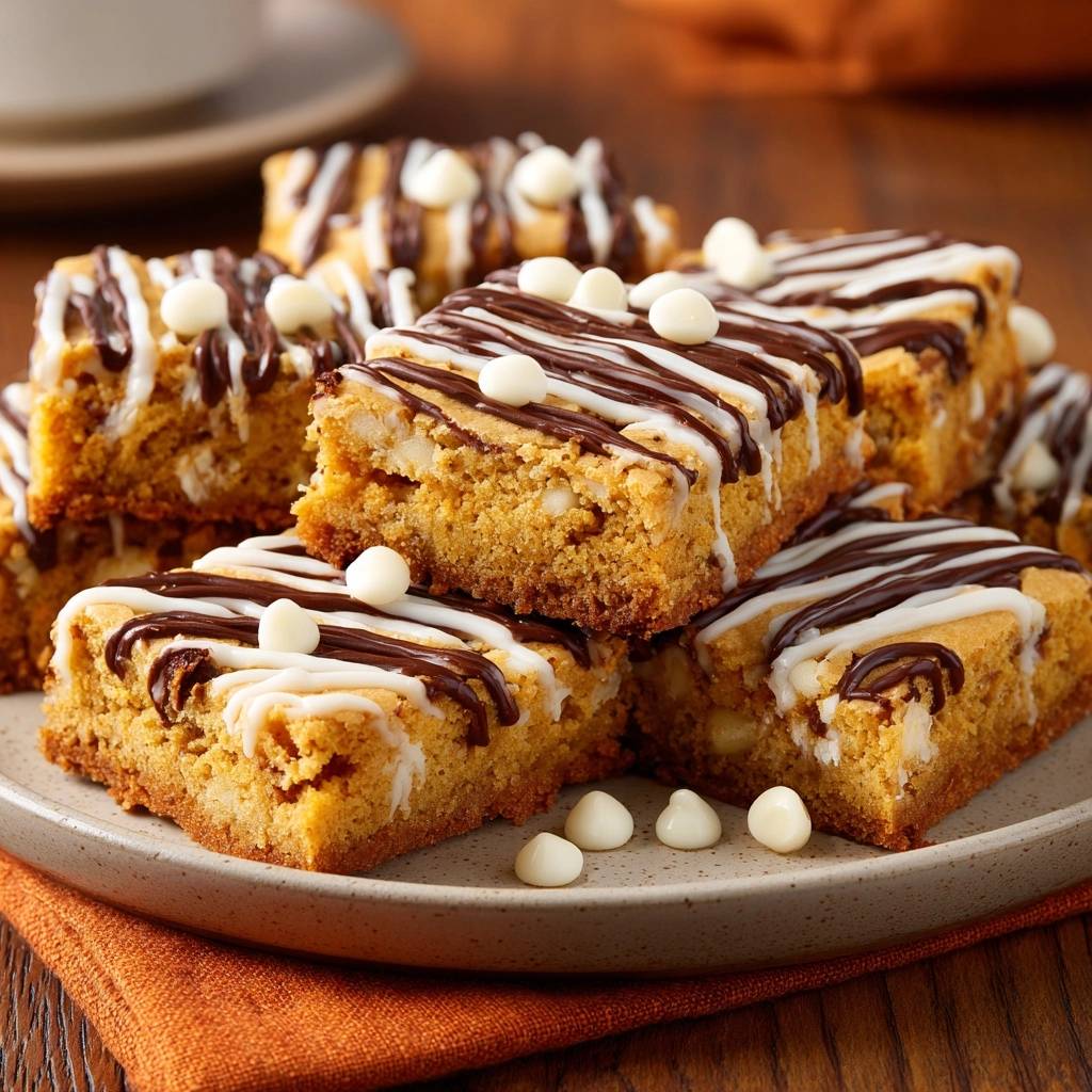 White Chip Blondies Schoko Drizzle Serviert 1 White-Chip Blondies mit Schoko-Drizzle serviert auf einem Teller, mit weißer Schokolade und Schokoladenstreuseln garniert.