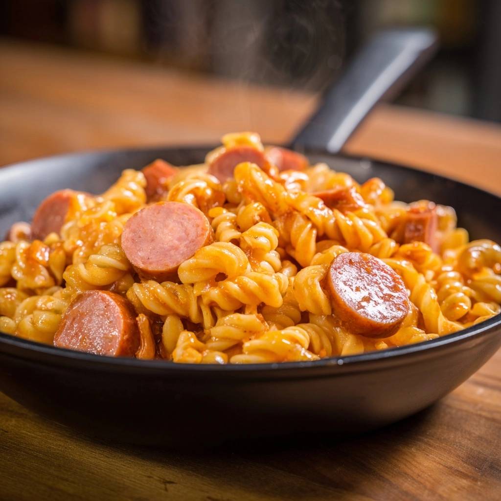 Wurst Fusilli Pfanne Nahaufnahme Mit Dampf 1 Wurst-Fusilli-Pfanne in einer schwarzen Pfanne, Nahaufnahme mit Dampf. Die Pasta mit Wurst und Tomatensauce wird heiß serviert.