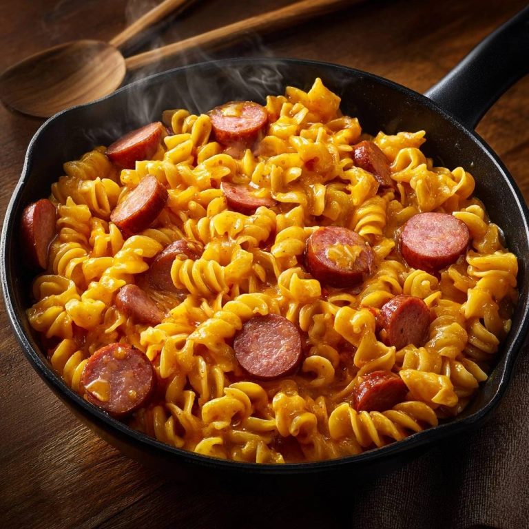 Wurst-Fusilli-Pfanne in einer gusseisernen Pfanne, eine Nahaufnahme mit aufsteigendem Dampf, der die Frische der Zutaten hervorhebt.