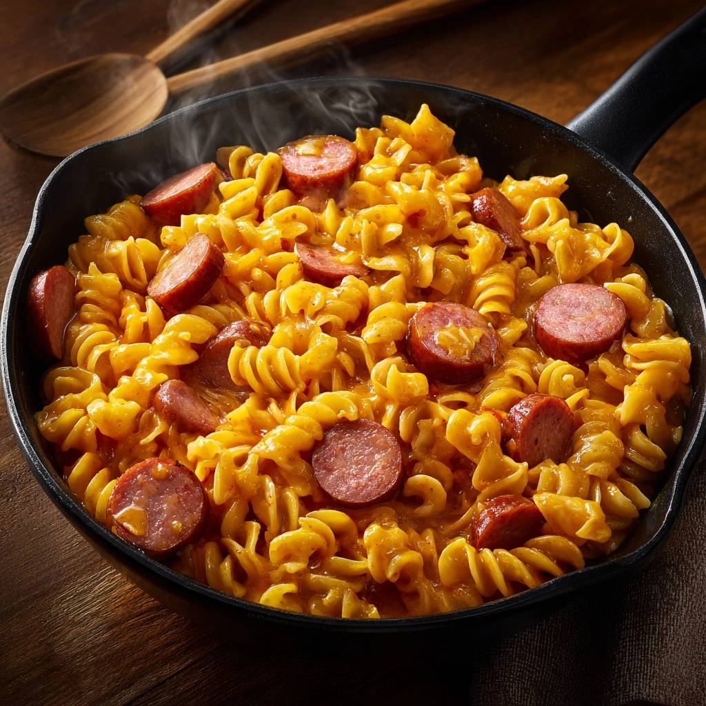 Wurst-Fusilli-Pfanne in einer gusseisernen Pfanne, eine Nahaufnahme mit aufsteigendem Dampf, der die Frische der Zutaten hervorhebt.