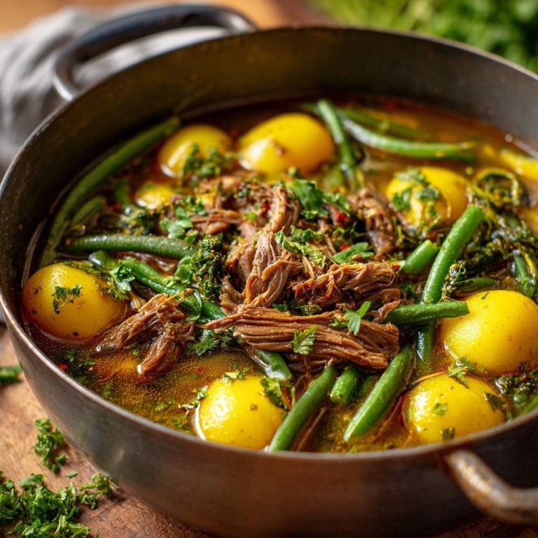 Würziger Rindfleisch-Eintopf mit Kartoffeln und Bohnen in einer Pfanne, draufsicht auf die köstliche Mahlzeit mit zartem Fleisch und frischen Kräutern.