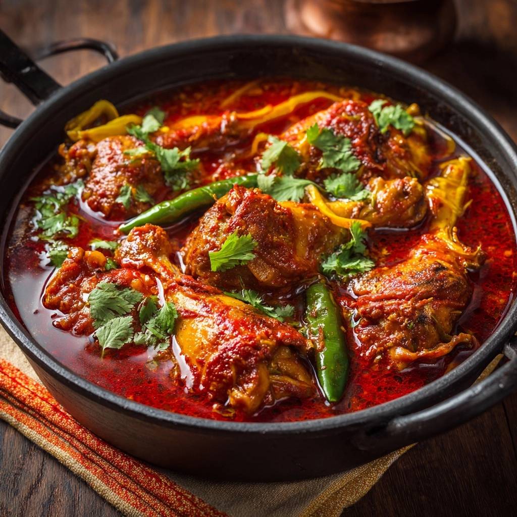 Wurziges Pfannenhahnchen In Tomaten Chili So Nahaufnahme 1 Würziges Pfannenhähnchen in Tomaten-Chili-Soße in Nahaufnahme, garniert mit frischen Kräutern und grünen Chilischoten. Das Gericht ist in einer Pfanne serviert.