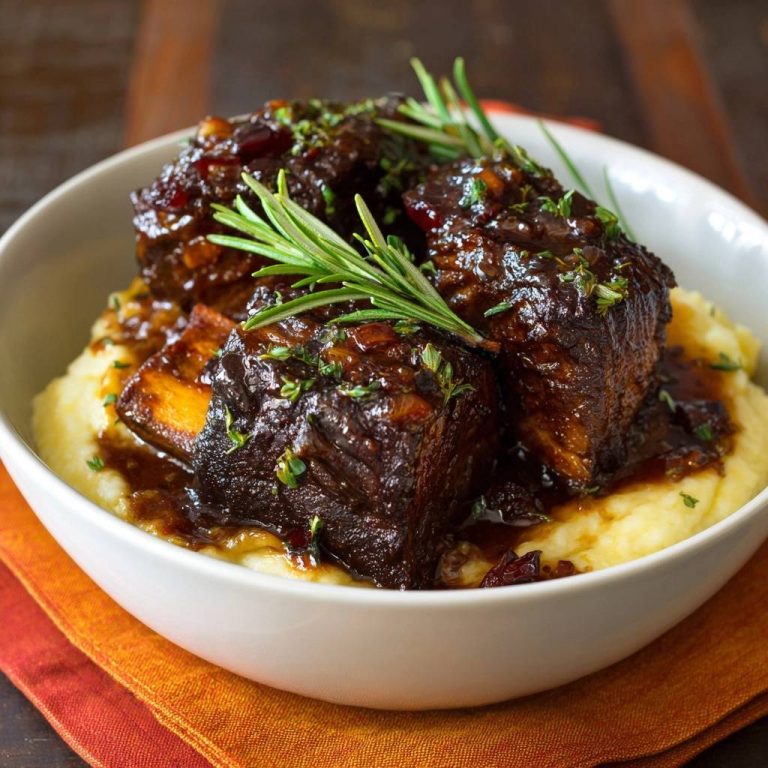 Zarte Rinder-Short-Ribs mit Cranberry-Rosmarin-Glasur in einer Schüssel, garniert mit frischem Rosmarin und serviert auf cremigem Kartoffelpüree.