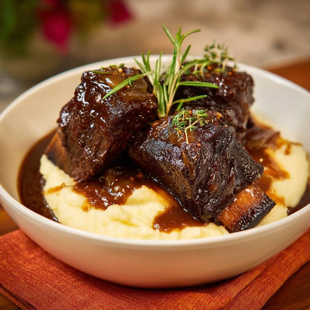Zarte Rinder Short Ribs Mit Cranberry Rosmarin Glasur Servie 1 Zarte Rinder-Short-Ribs mit Cranberry-Rosmarin-Glasur, serviert mit cremiger Kartoffel-Püree und reichhaltiger Soße, garniert mit frischen Kräutern.