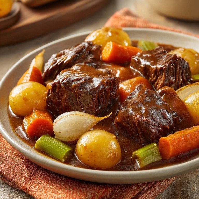 Zartes Rindergulasch mit Kartoffeln und Gemüse zeigt eine Nahaufnahme der deftigen Fleischstücke, umgeben von Karotten, Kartoffeln und Zwiebeln.