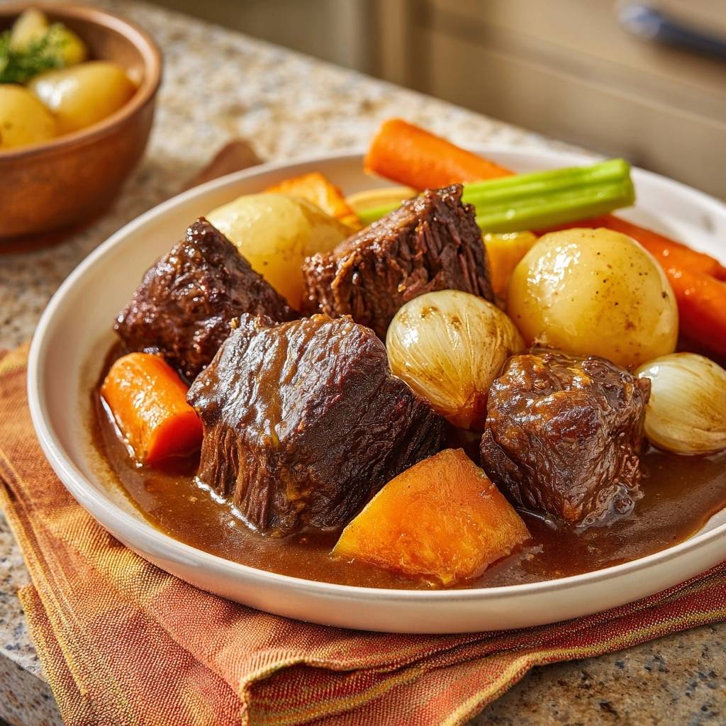 Zartes Rindergulasch Mit Kartoffeln Und Gemuese Serviert 1 Zartes Rindergulasch mit Kartoffeln und Gemüse serviert in einer weißen Schüssel, mit reichlich Soße, Karotten und Zwiebeln.