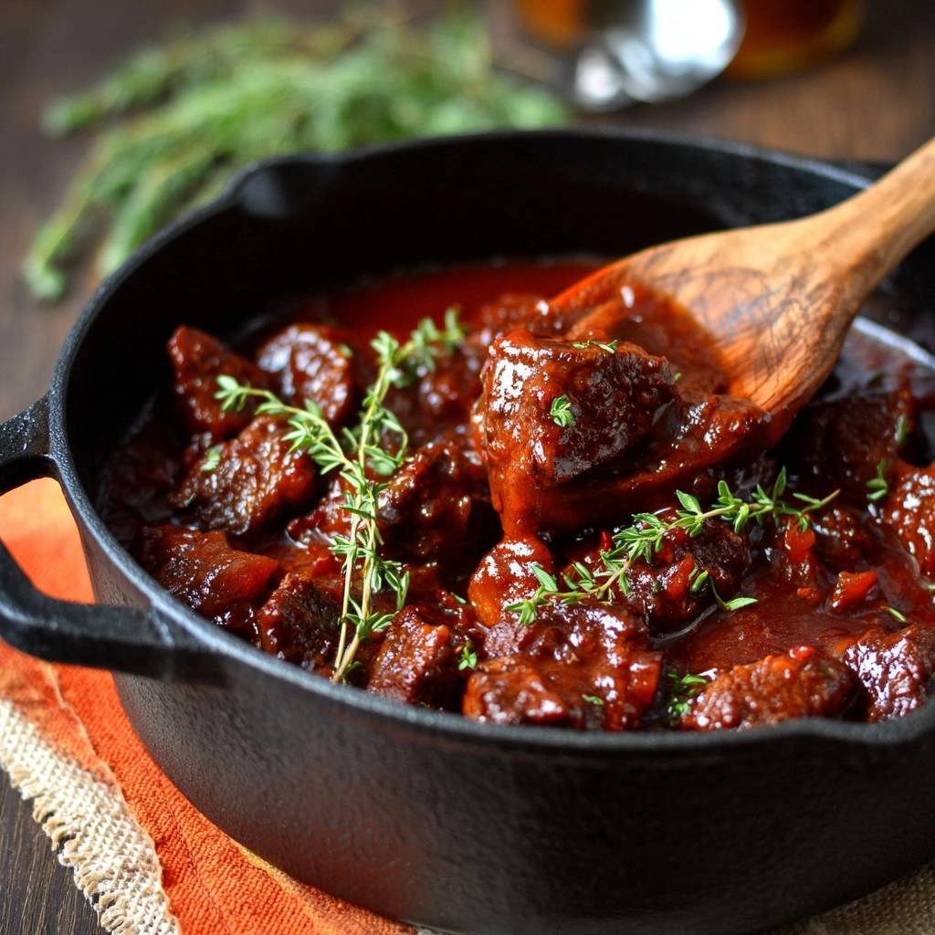 Zartes Rindergulasch Nahaufnahme Mit Lffel 1 Zartes Rindergulasch in einer gusseisernen Pfanne, serviert mit einem Holzlöffel, der die köstliche Sauce zeigt.
