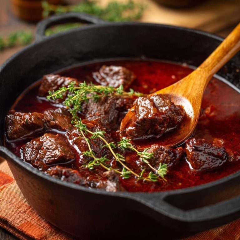 Zartes Rindergulasch in einer gusseisernen Pfanne, serviert mit einem Holzlöffel, der ein Stück Fleisch heraushebt. Das deftige Gericht ist mit frischen Kräutern garniert.