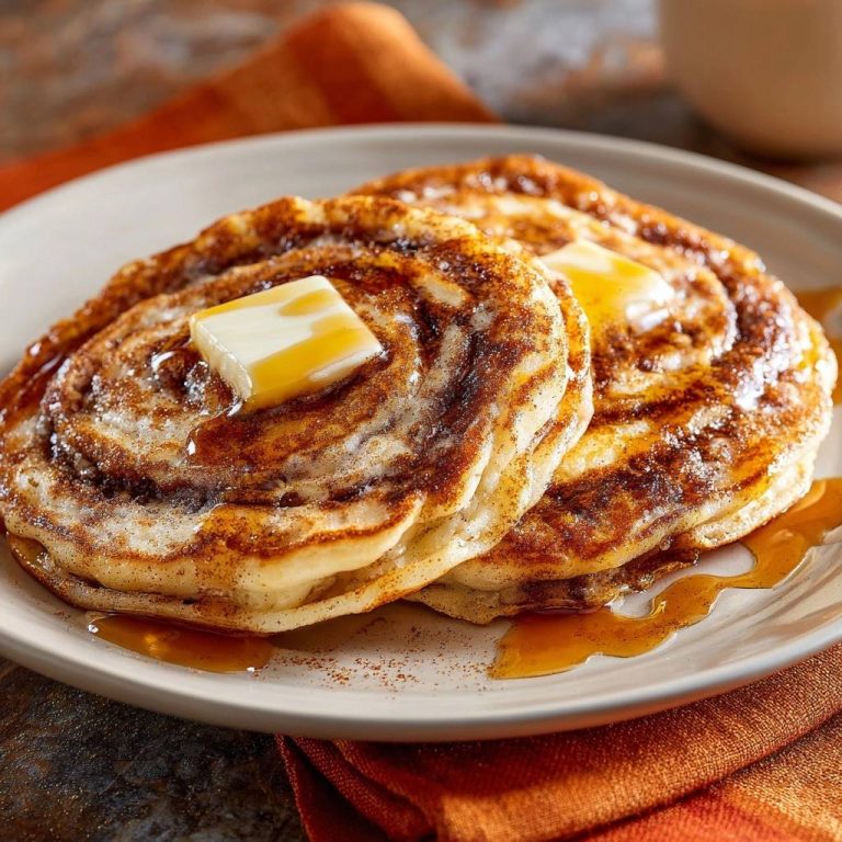 Zimtschnecken-Pancakes mit Butter und Ahornsirup serviert, ein köstliches Frühstück mit Zimtfüllung, perfekt auf einem Teller angerichtet.