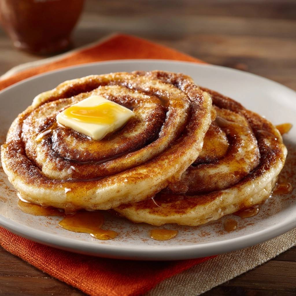 Zimtschnecken Pancakes Serviert 1 Zimtschnecken-Pancakes serviert auf einem Teller, mit geschmolzener Butter und Ahornsirup beträufelt, ein köstliches Frühstück.
