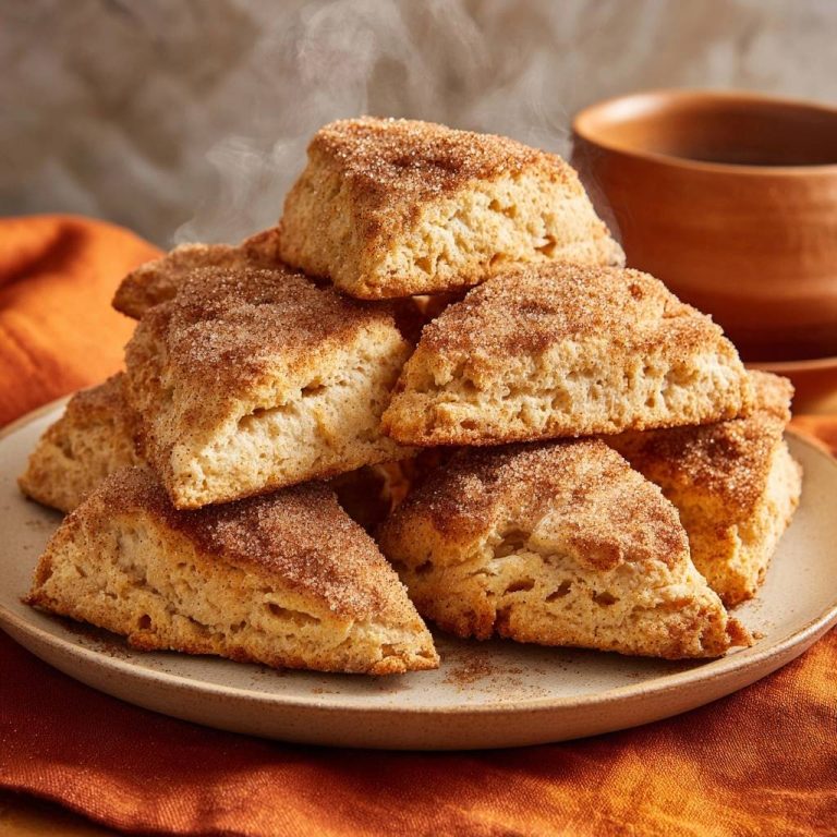 Zimtscones, frisch gebacken und dampfend, auf einem Teller serviert. Die goldbraunen Scones sind mit Zimtzucker bestreut.