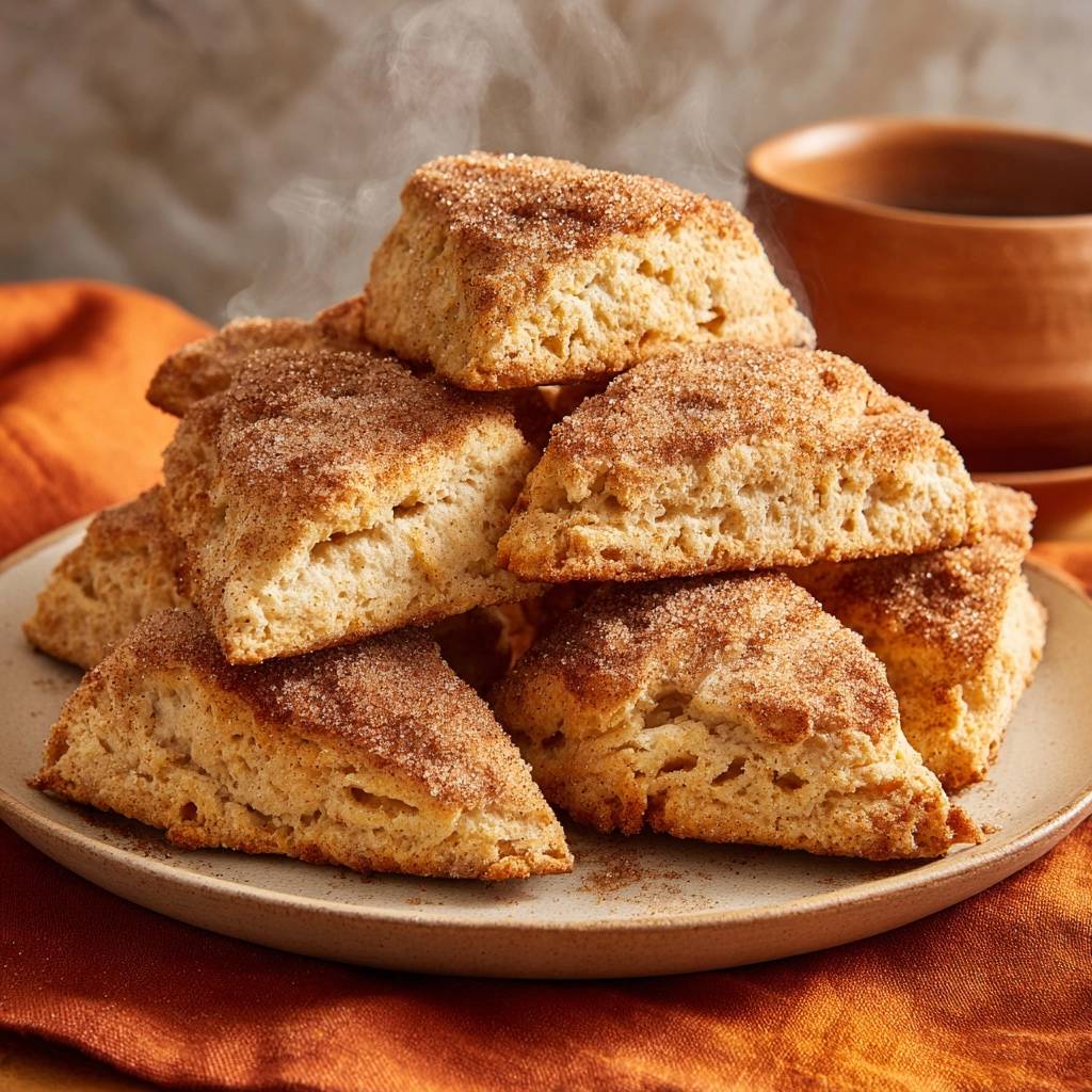 Zimtscones, frisch gebacken und dampfend, auf einem Teller serviert. Die goldbraunen Scones sind mit Zimtzucker bestreut.