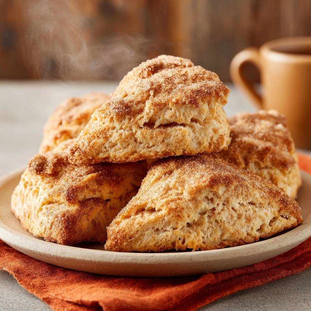 Zimtscones Frisch Gebacken Serviert 1 Zimtscones, frisch gebacken und auf einem Teller serviert, verströmen verführerischen Dampf. Ein appetitlicher Anblick, der zum Genießen einlädt.