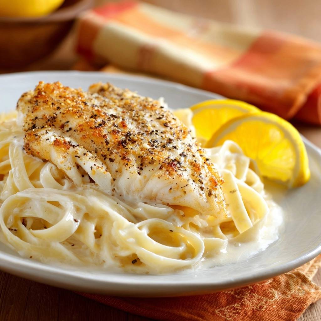 Zitronen Butter Fisch Auf Tagliatelle Serviert 1 Zitronen-Butter-Fisch auf Tagliatelle serviert auf einem weißen Teller, garniert mit Zitronenscheiben und serviert mit cremigem Tagliatelle.