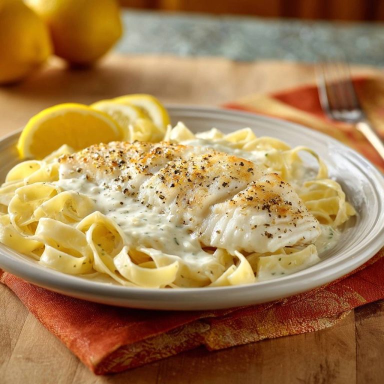 Zitronen-Butter-Fisch auf Tagliatelle serviert auf einem Teller. Der saftige Fisch liegt auf cremiger Sauce und Tagliatelle, garniert mit Zitronenscheiben.