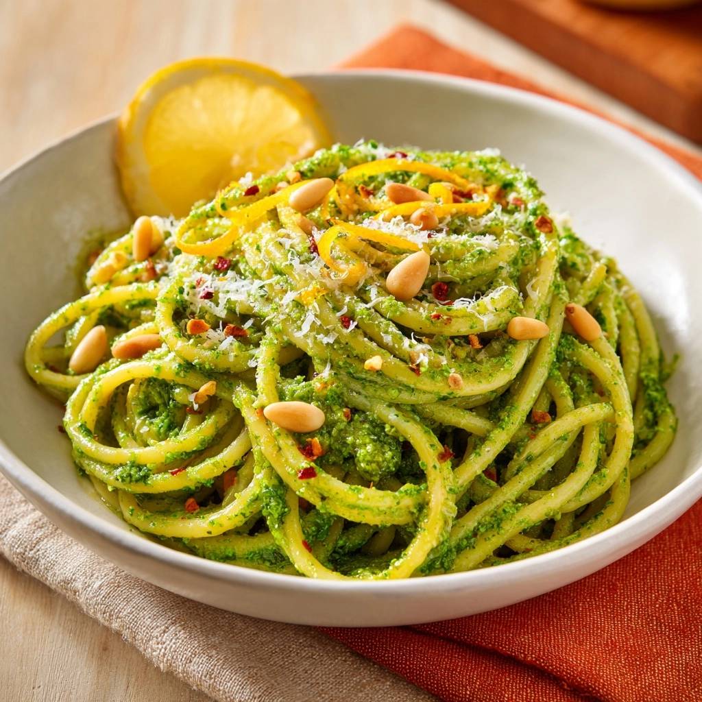 Zitronen Pesto Spaghetti Draufsicht Serviert 1 Zitronen-Pesto-Spaghetti in einer weißen Schüssel serviert, garniert mit Pinienkernen, Zitronenschale und frisch geriebenem Käse.