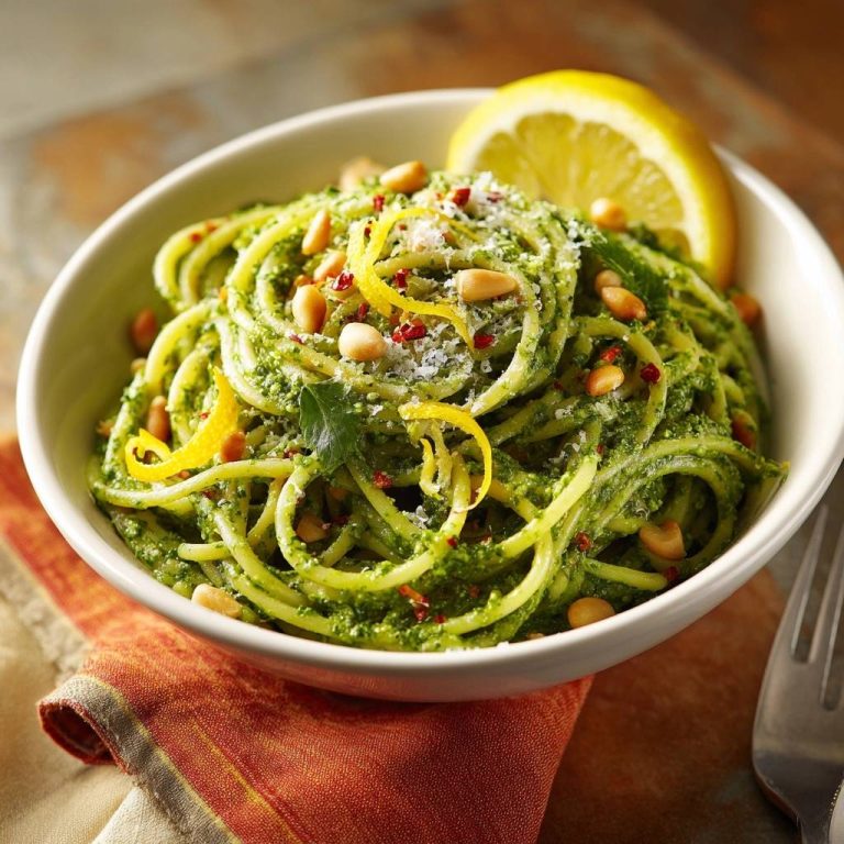 Zitronen-Pesto-Spaghetti in einer Schüssel, serviert mit Pinienkernen, Zitronenzesten und Parmesan. Ein köstliches Gericht für alle Pesto-Liebhaber.