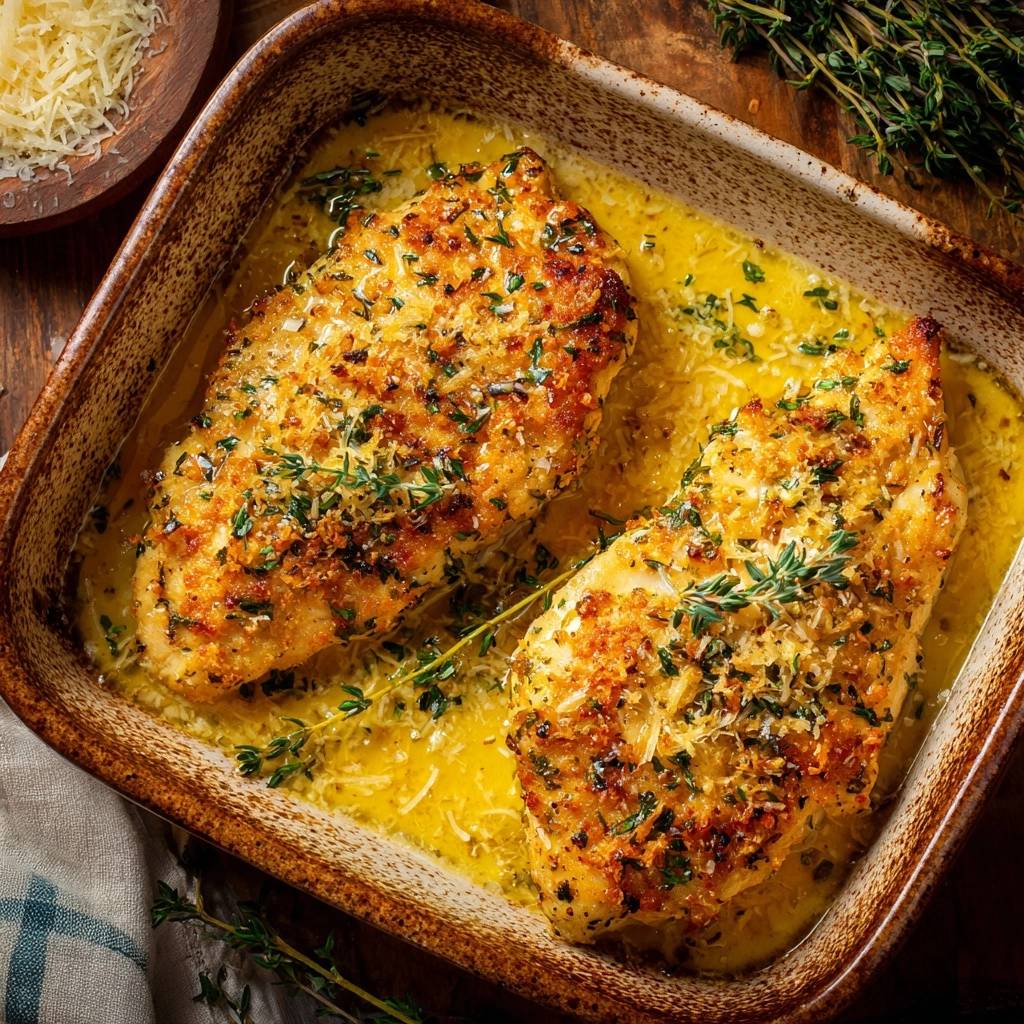 Zitronen Thymian Huhn Mit Parmesan Kruste Draufsicht 1 Zitronen-Thymian-Hähnchen mit Parmesan-Kruste in einer Auflaufform, serviert mit frischem Thymian und einer köstlichen Sauce.
