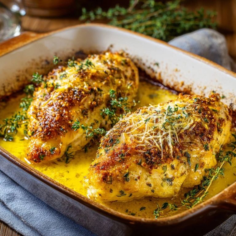 Zitronen-Thymian-Hähnchen mit Parmesan-Kruste in einer Auflaufform, garniert mit frischem Thymian, aus der Vogelperspektive gesehen.