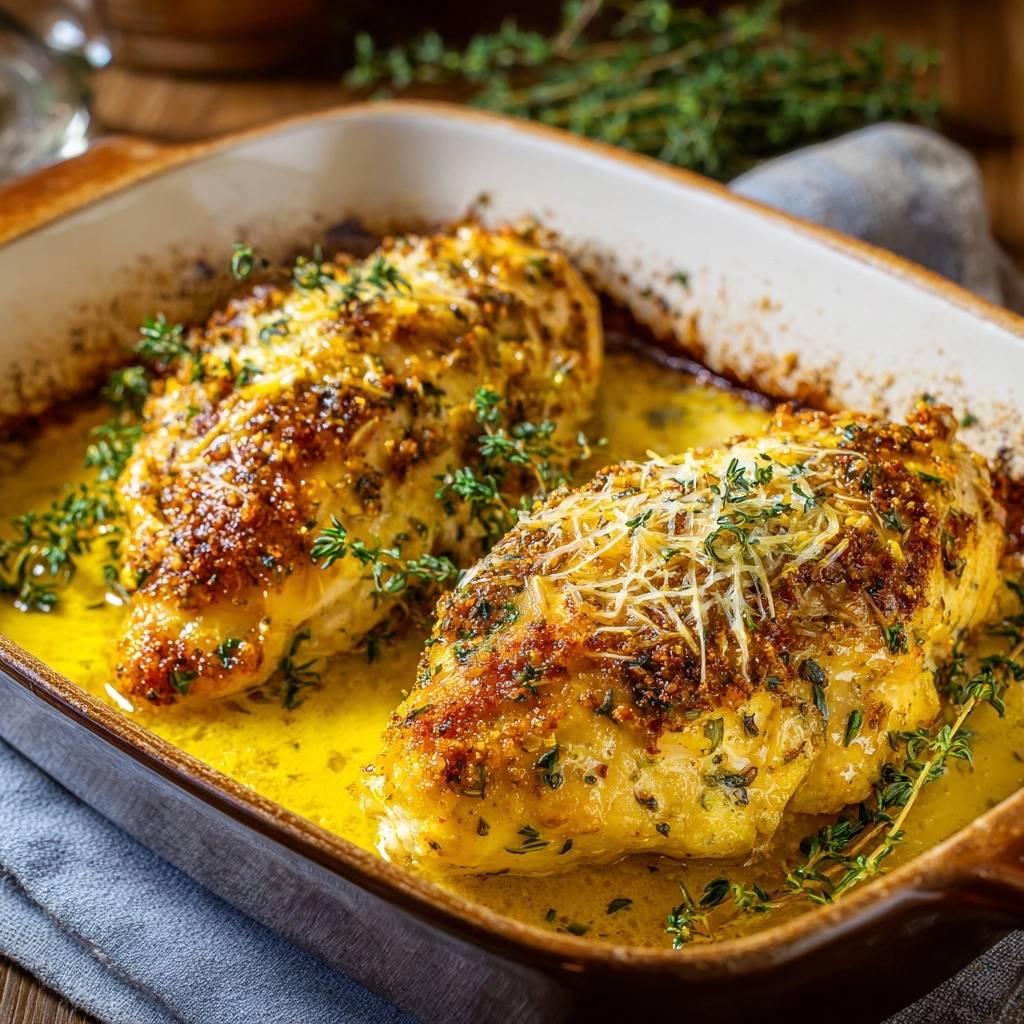 Zitronen-Thymian-Hähnchen mit Parmesan-Kruste in einer Auflaufform, garniert mit frischem Thymian, aus der Vogelperspektive gesehen.
