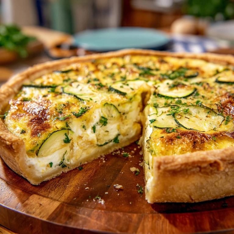 Zucchini-Feta-Quiche: Ein Anschnitt zeigt die cremige Füllung mit Zucchini und Feta. Dieser herzhafte Kuchen ist perfekt für Brunch oder Abendessen.