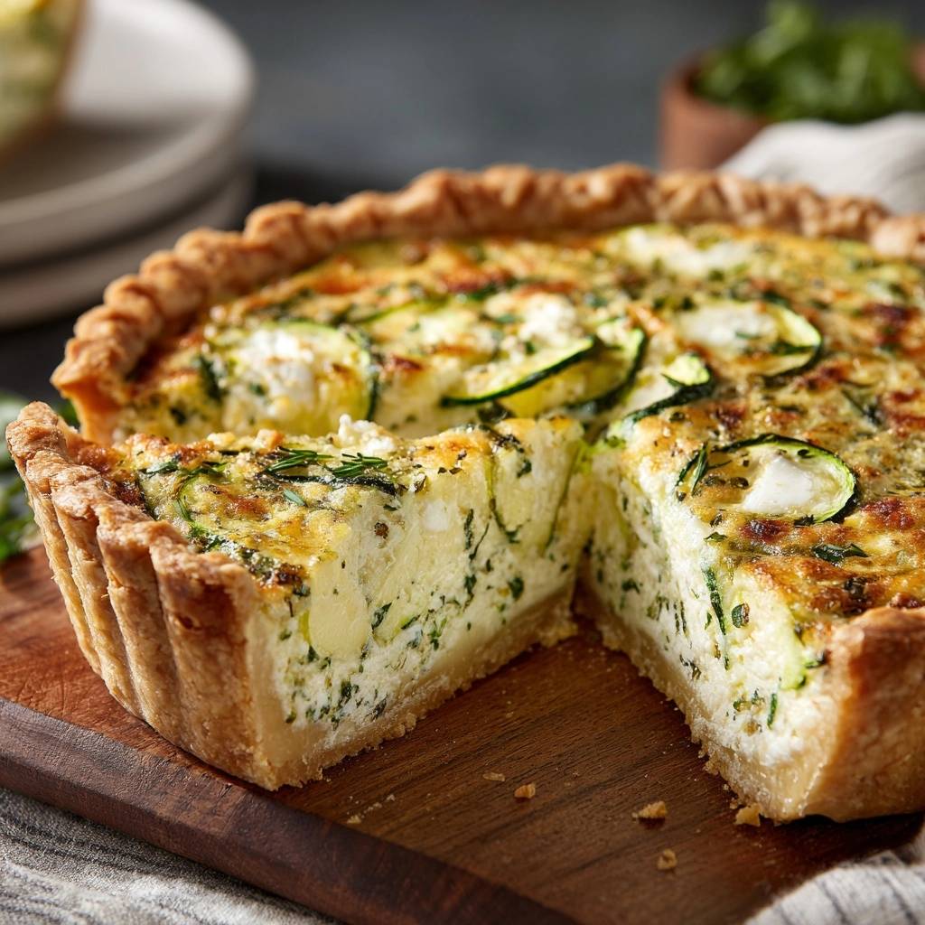 Zucchini Feta Quiche Querschnitt Nahaufnahme 1 Zucchini-Feta-Quiche in Nahaufnahme: Ein Stück zeigt den cremigen Innenraum mit Zucchini und Feta, perfekt gebacken.