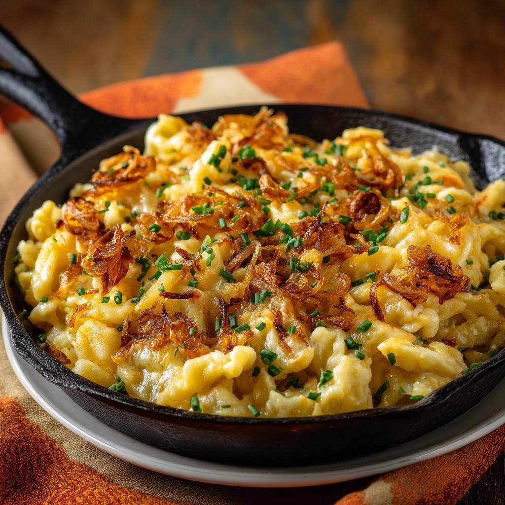 Allgauer Kaesspaetzle Serviert In Pfanne 1 Allgäuer Kässpätzle, serviert in einer gusseisernen Pfanne, garniert mit knusprigen Zwiebeln und Schnittlauch.