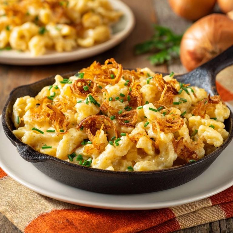 Allgäuer Kässpätzle serviert in einer gusseisernen Pfanne, garniert mit knusprigen Röstzwiebeln und Schnittlauch. Ein herzhaftes Gericht.