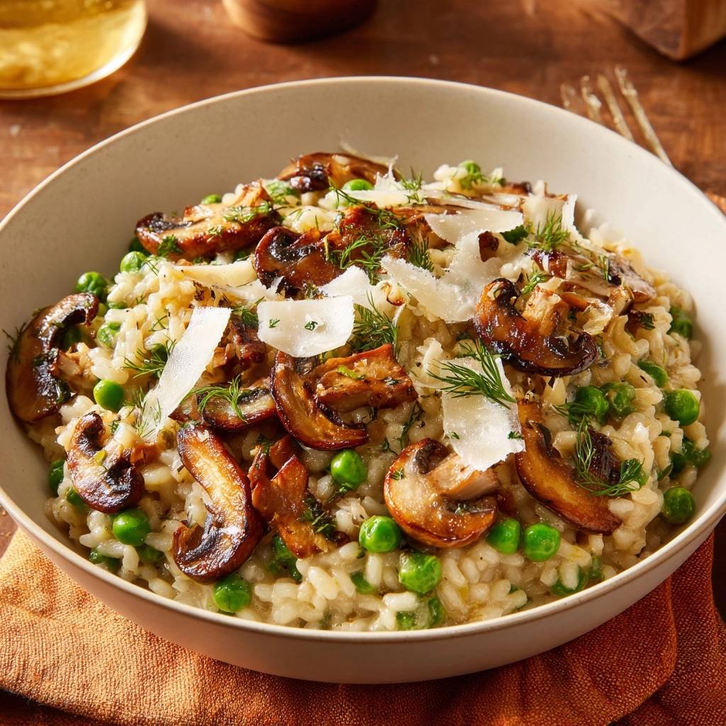 Cremig Pilz Erbsen Risotto Draufsicht Serviert 1 Cremiges Pilz-Erbsen-Risotto, serviert in einer Schüssel, garniert mit Pilzscheiben, Erbsen und frisch gehobeltem Parmesan.