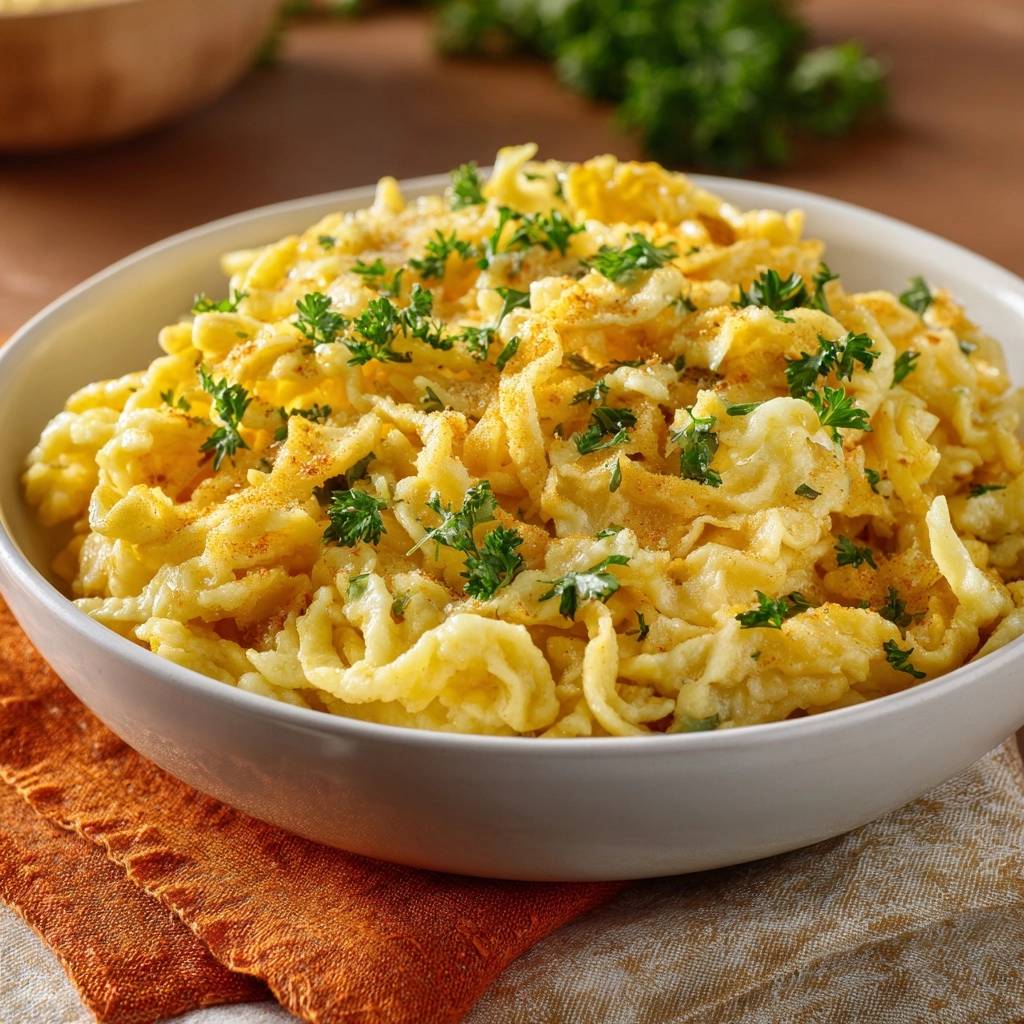 Cremige Allgaeuer Kaesespaetzle Serviert 1 Cremige Allgäuer Käsespätzle, serviert in einer weißen Schüssel, mit frischer Petersilie und Gewürzen garniert. Ein herzhaftes Gericht.