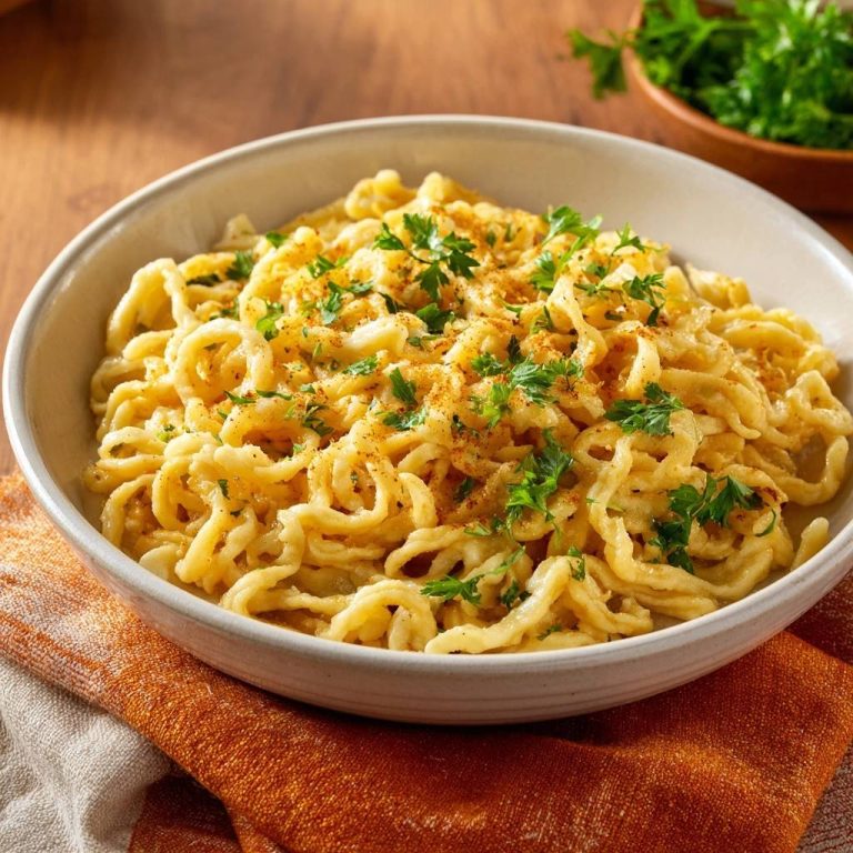 Cremige Allgäuer Käsespätzle, serviert in einer rustikalen Schüssel, garniert mit frischer Petersilie und Paprikapulver für einen appetitlichen Genuss.