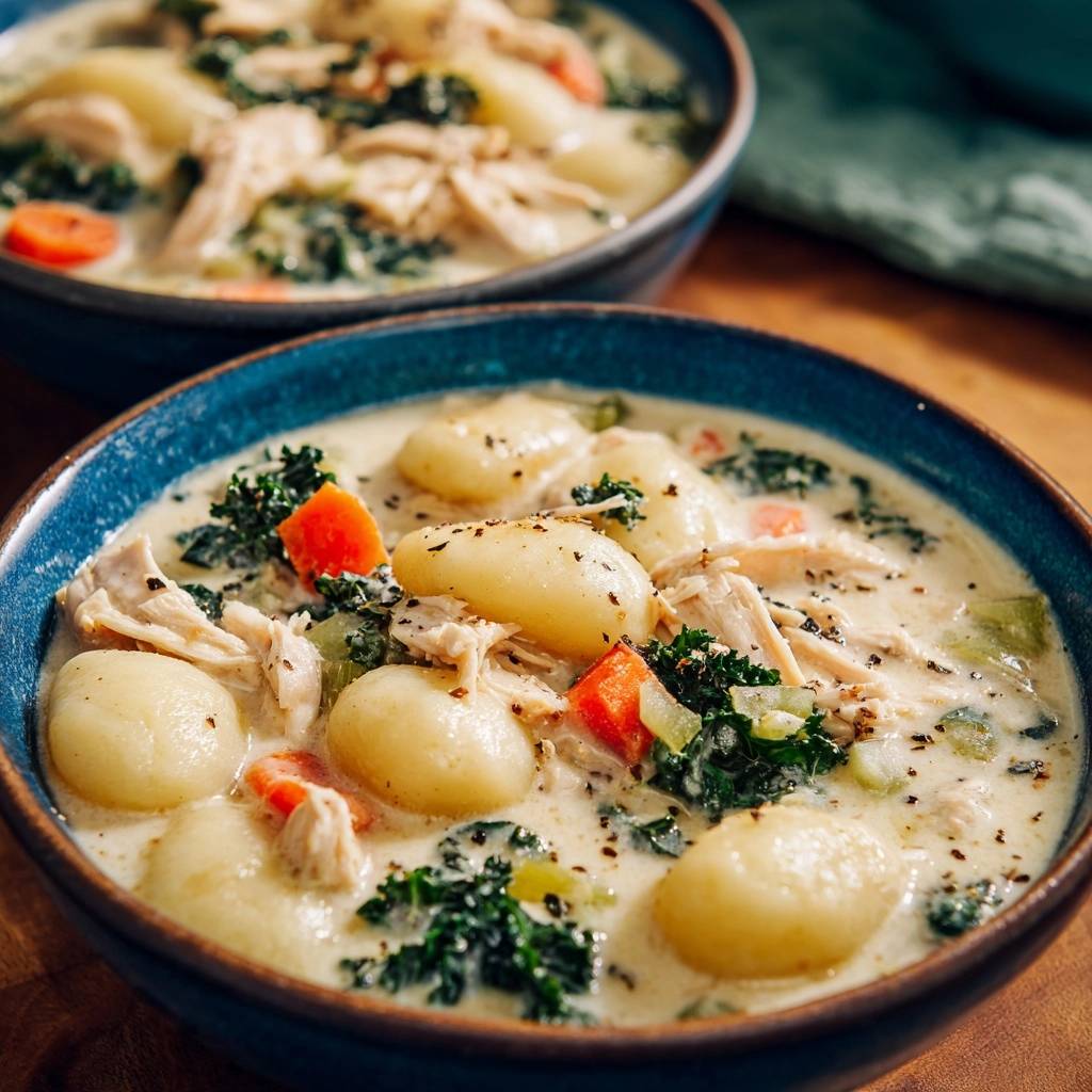 Cremige Gnocchi-Hähnchen-Suppe in einer Nahaufnahme, serviert in zwei blauen Schalen, mit frischer Petersilie und Gewürzen bestreut.
