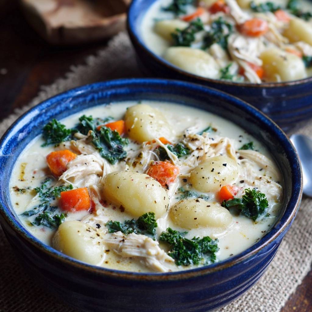 Cremige Gnocchi Huhn Suppe Serviert 1 Cremige Gnocchi-Hähnchen-Suppe serviert in einer tiefblauen Schüssel, garniert mit frischem Gemüse und Gewürzen.