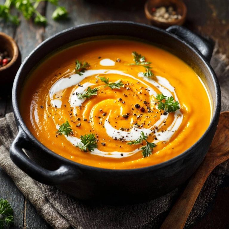 Cremige Kürbissuppe, von oben fotografiert, mit einem Swirl aus Sahne verziert und mit frischer Petersilie garniert. Ein köstliches Herbstgericht.