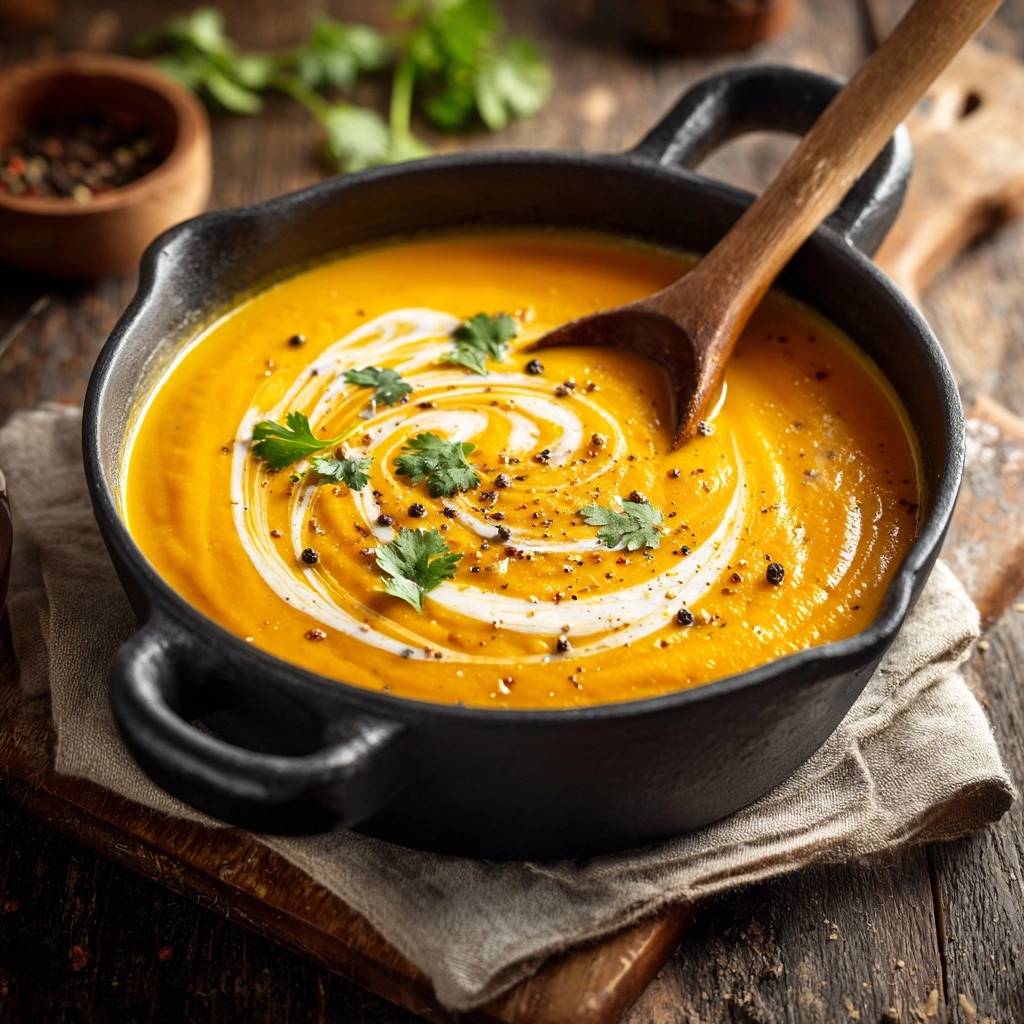 Cremige Kuerbissuppe Garniert Draufsicht 1 Cremige Kürbissuppe, serviert in einer rustikalen Pfanne, garniert mit Sahne und frischen Kräutern, präsentiert sich in einer appetitlichen Draufsicht.