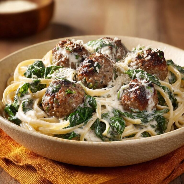 Cremige Linguine mit Spinat und Fleischbällchen, serviert in einer Schüssel, von oben betrachtet. Köstliche Fleischbällchen mit cremiger Sauce und Spinat.