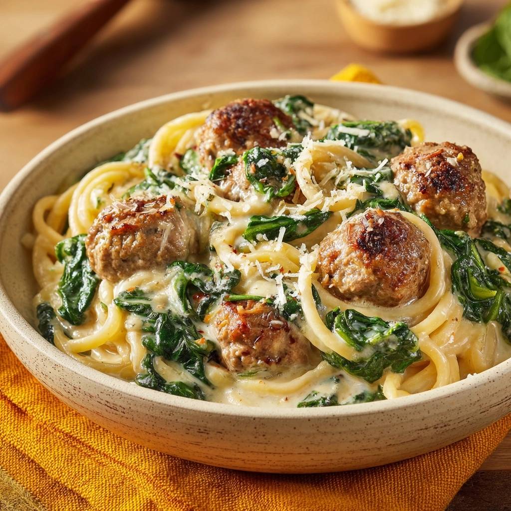 Cremige Linguine Mit Spinat Und Fleischbaellchen Nahaufnahme 1 Cremige Linguine mit Spinat und Fleischbällchen in Nahaufnahme, serviert in einer rustikalen Schüssel, garniert mit frisch geriebenem Parmesan.