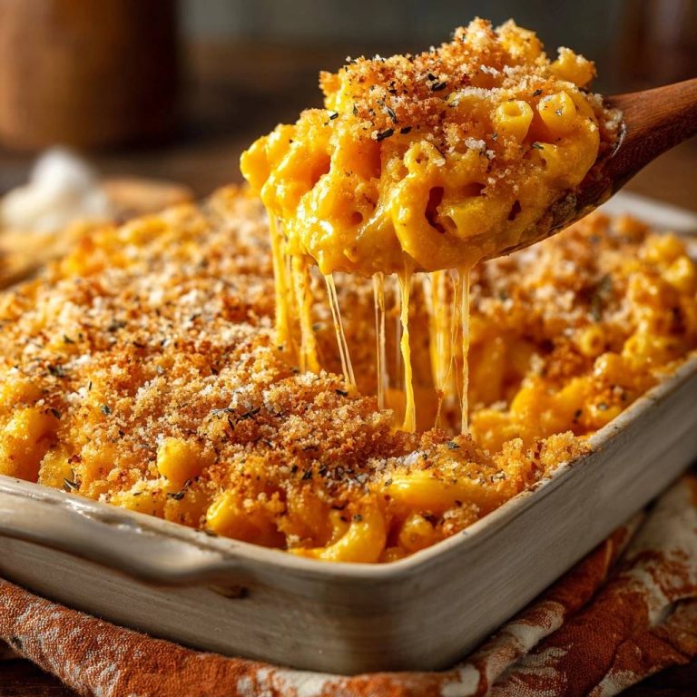 Cremige Mac und Cheese mit Knusperkruste zeigt geschmolzenen Käse, der von einem Löffel in der Auflaufform herunterläuft. Ein köstliches Gericht.
