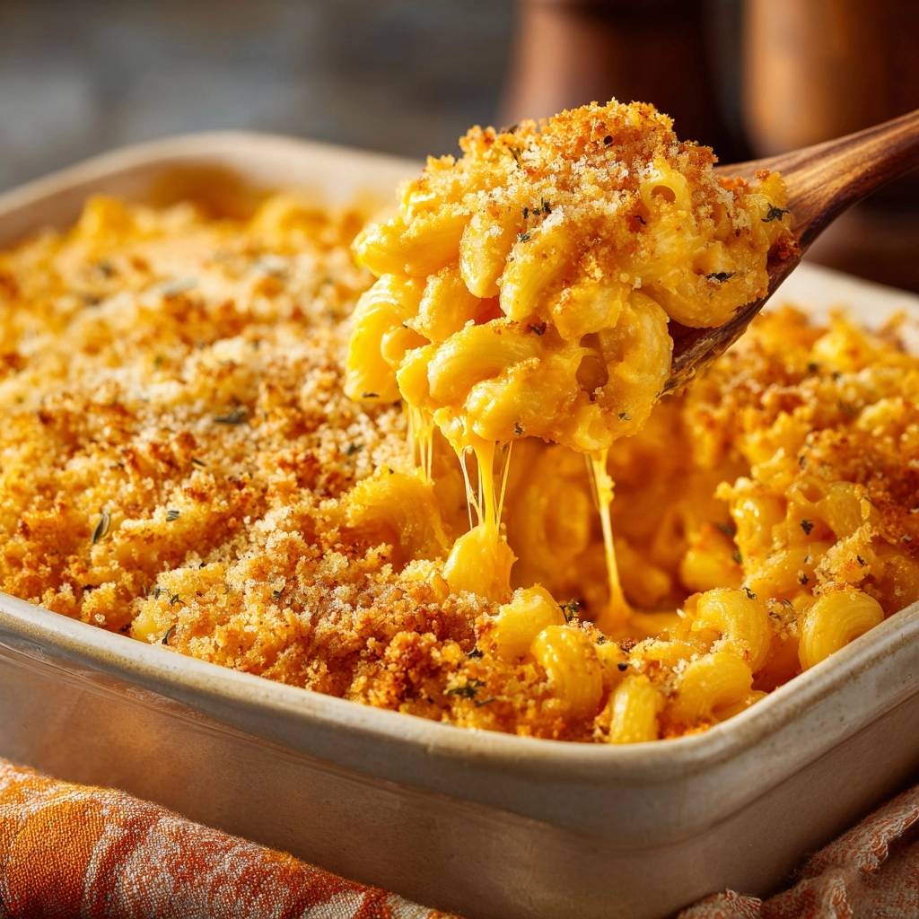 Cremige Mac Und Cheese Knusperkruste Nahaufnahme 1 Cremige Mac und Cheese mit Knusperkruste in einer Nahaufnahme, die den geschmolzenen Käse und die knusprige Kruste zeigt.